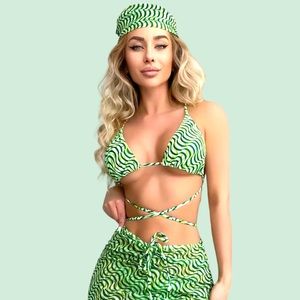 3pc Ripple Print Skirt Bikini Sets Rave Outfit Music Festival Costume NWT Large